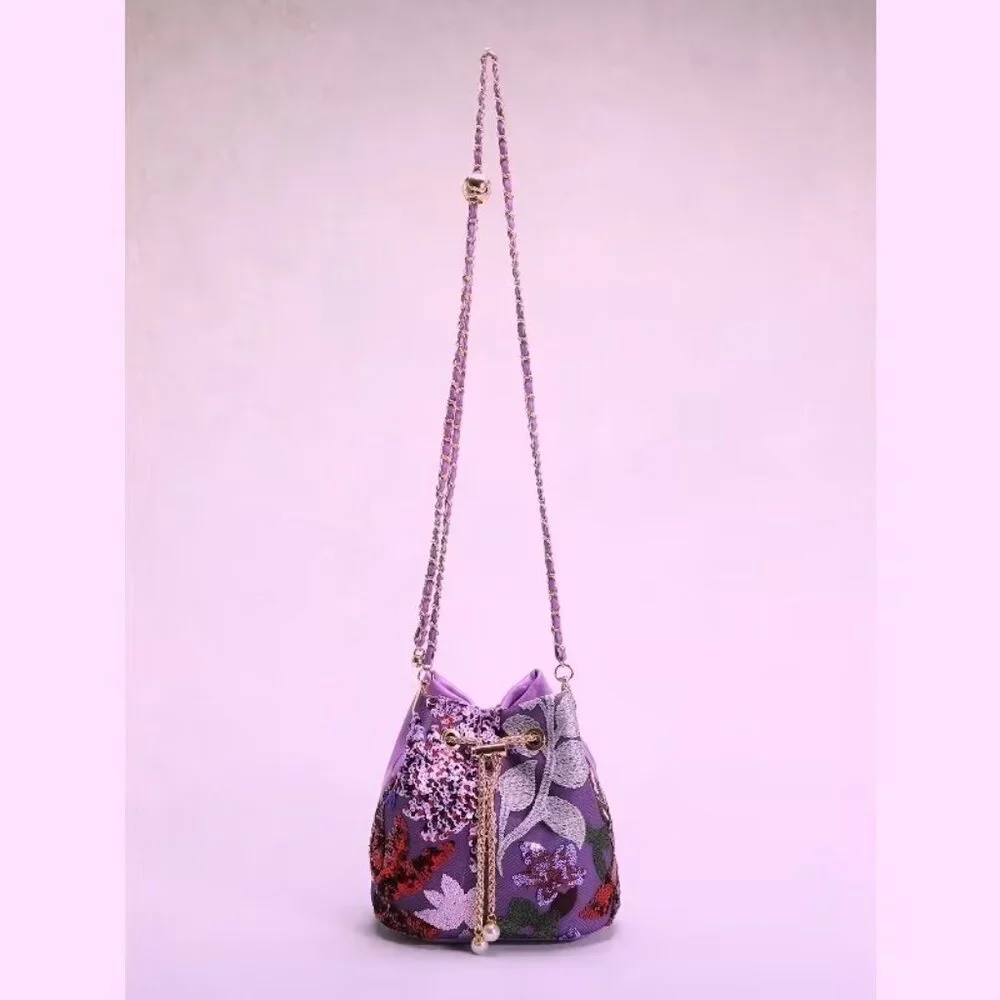 Floral Sequin Bucket Bag Gold Chain Bird Motif Crossbody - Picture 5 of 9